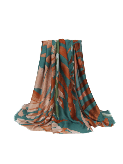 Teal blue and rust abstract botanical scarf, draped view