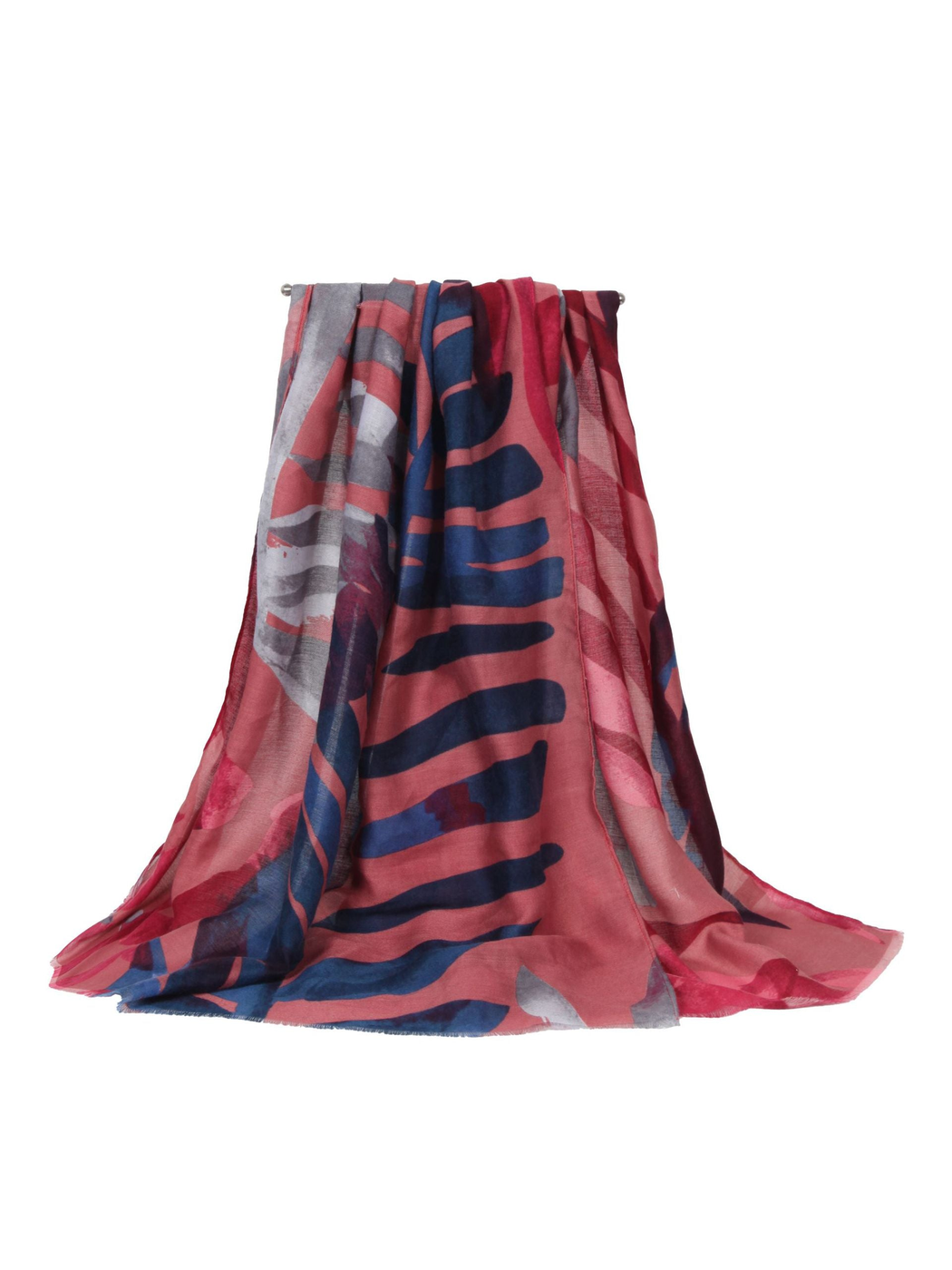 Dusty pink abstract scarf with navy and gray accents, draped view