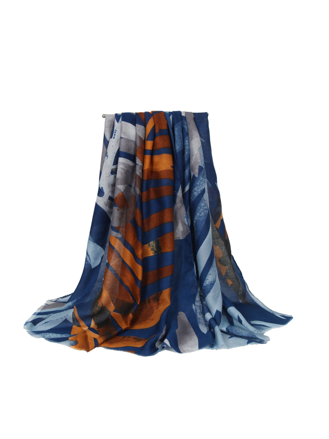 Navy abstract scarf with orange, gray and pale blue accents, draped view