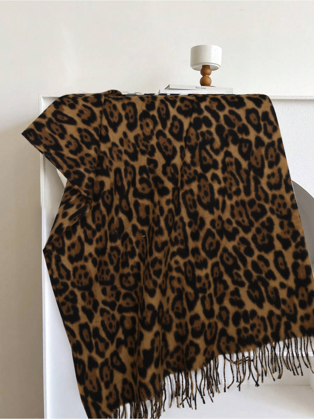 Camel leopard-print rectangular scarf with fringed edges, full view