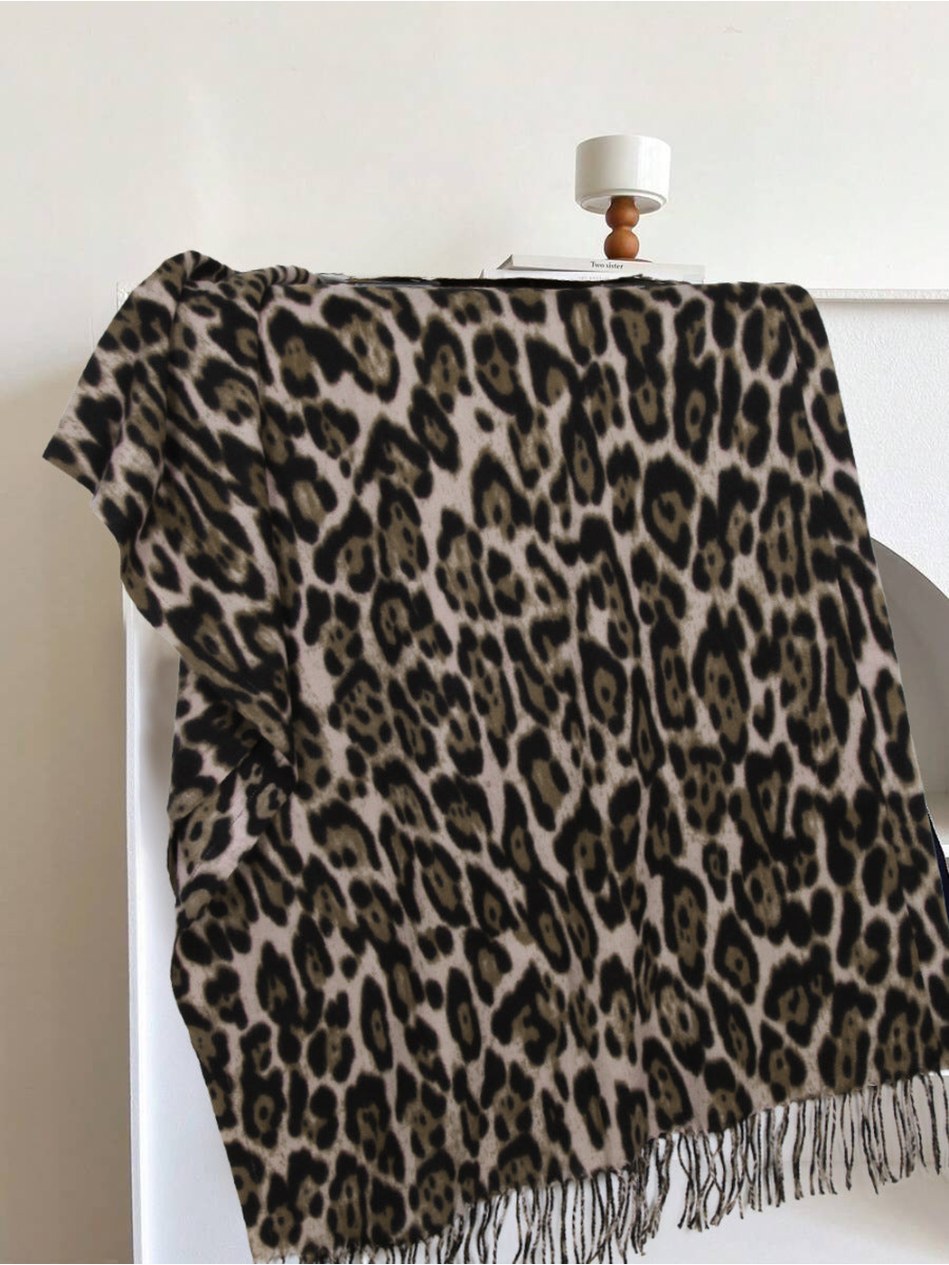 Beige leopard-print rectangular scarf with fringed edges, full view
