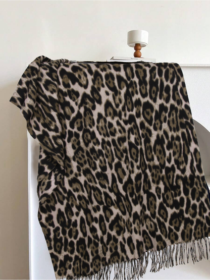 Beige leopard-print rectangular scarf with fringed edges, full view