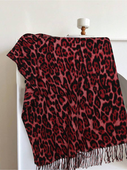 Rose red leopard-print rectangular scarf with fringed edges, full view