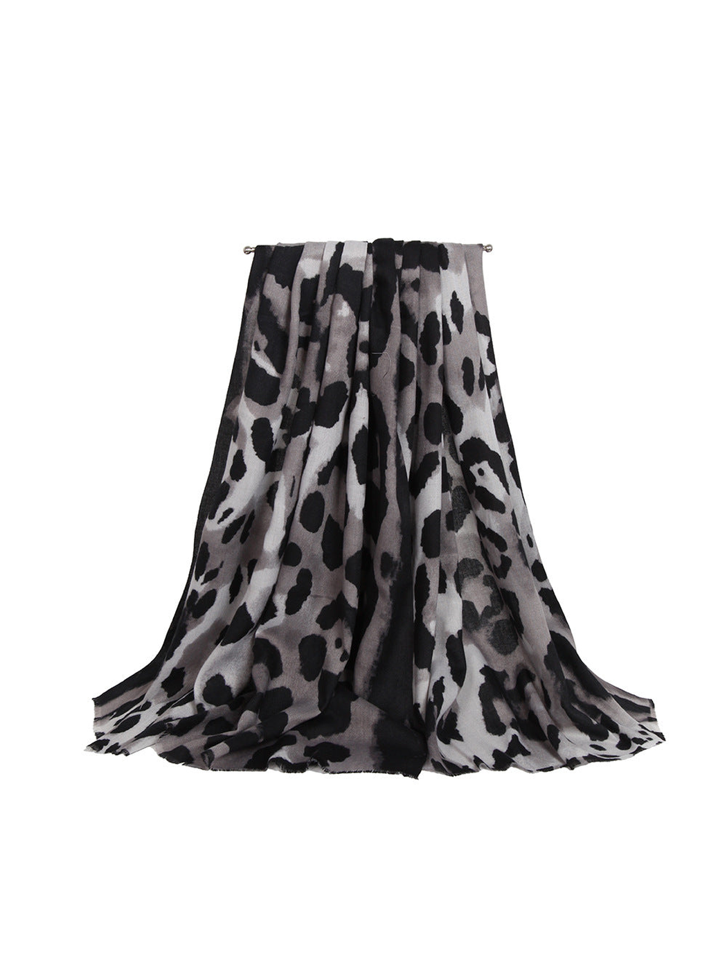 Gray and black animal-print rectangular scarf, draped view