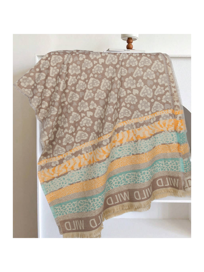 Khaki rectangular scarf with orange and mint patterned bands and fringed edges