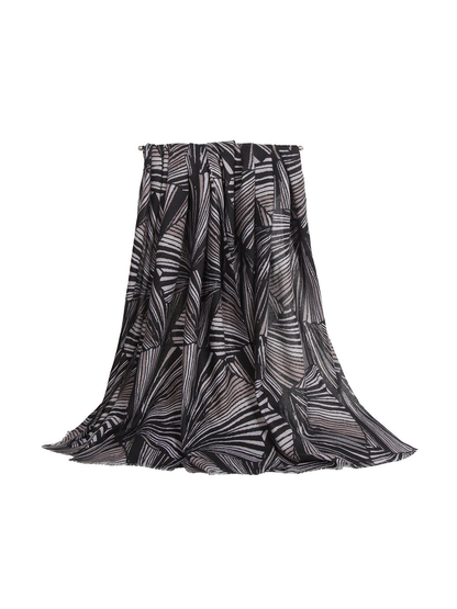 Black and gray striped fan-pattern scarf in a full draped view