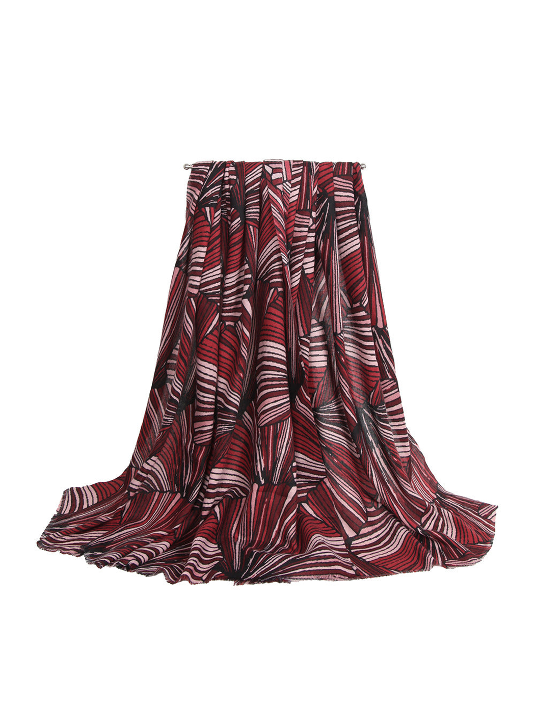 Red striped fan-pattern scarf in a full draped view