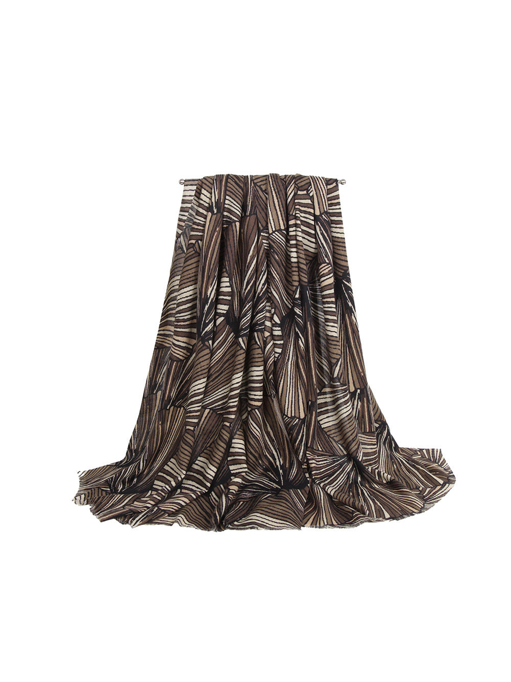 Brown striped fan-pattern scarf in a full draped view