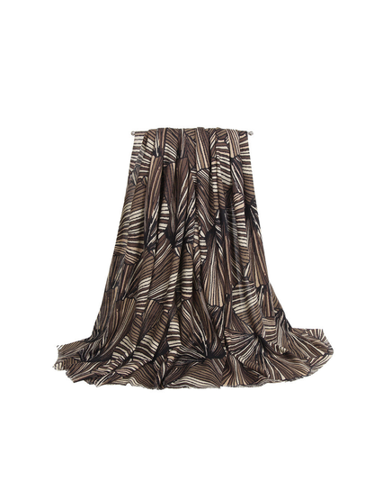 Brown striped fan-pattern scarf in a full draped view
