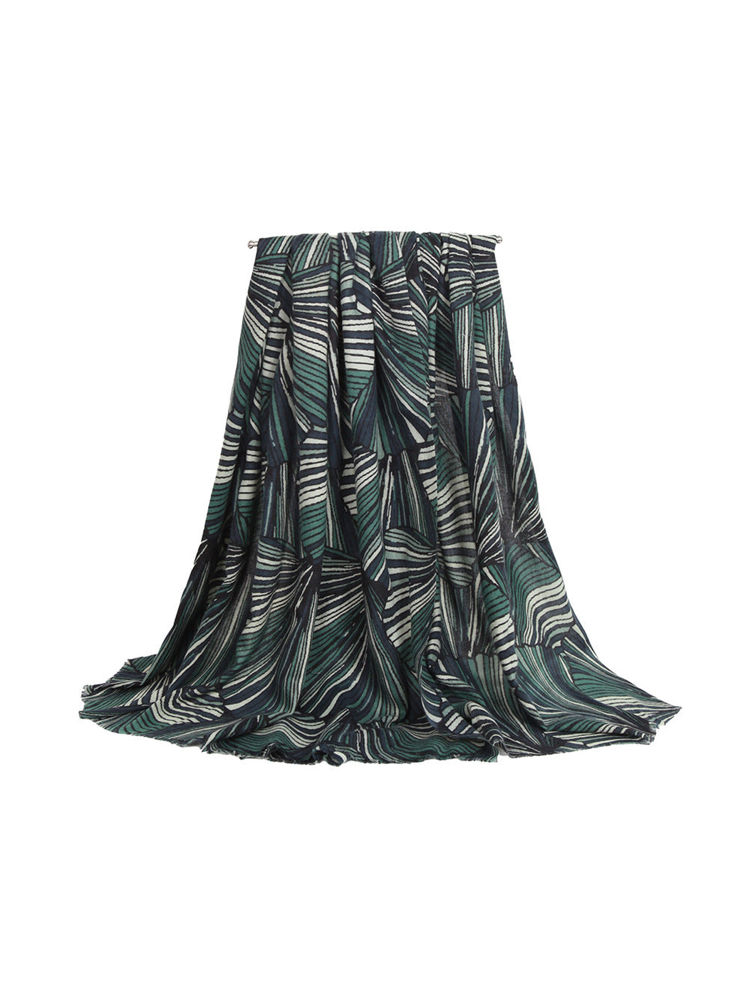 Dark green striped fan-pattern scarf in a full draped view