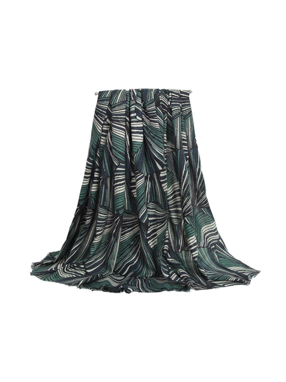 Dark green striped fan-pattern scarf in a full draped view