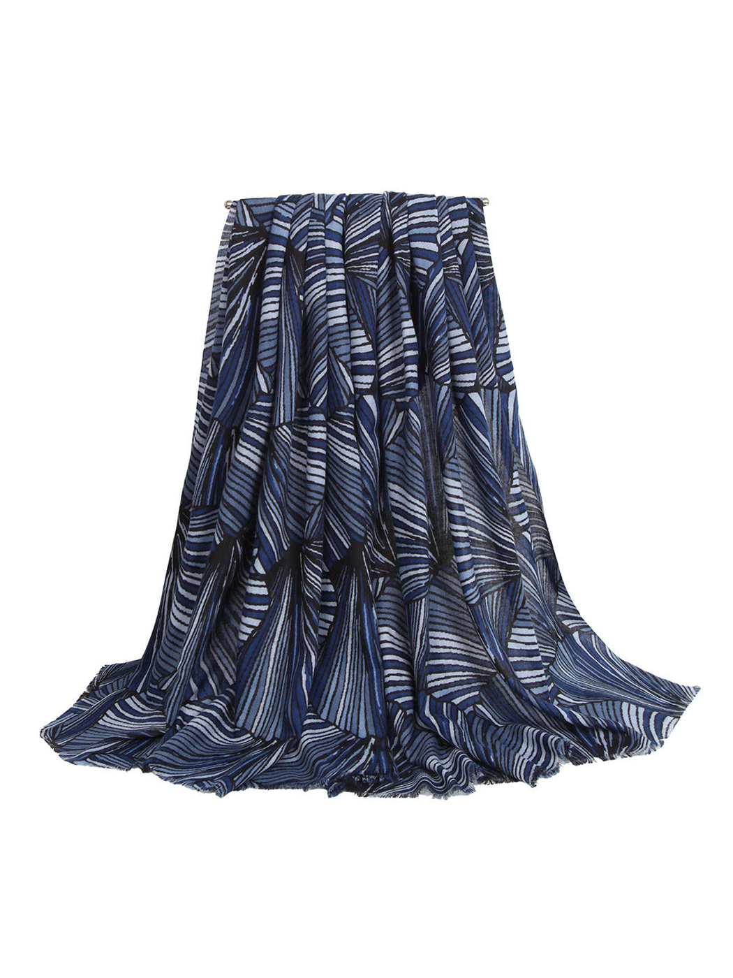 Navy striped fan-pattern scarf in a full draped view