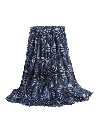 Navy striped fan-pattern scarf in a full draped view