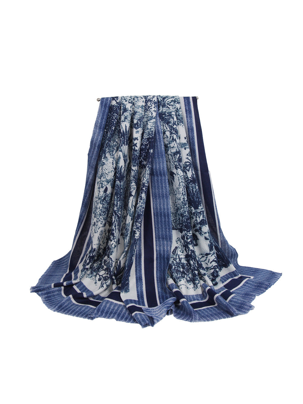 Blue pastoral toile scarf with striped borders and short fringe
