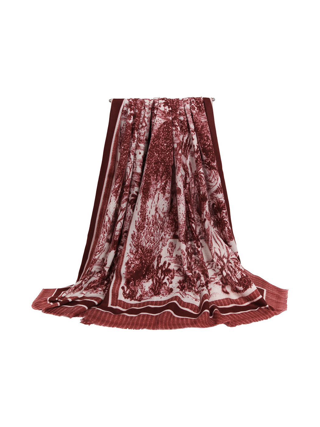 Burgundy pastoral toile scarf with striped borders and short fringe
