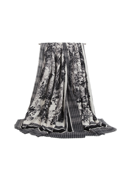 Black and gray pastoral toile scarf with striped borders and short fringe