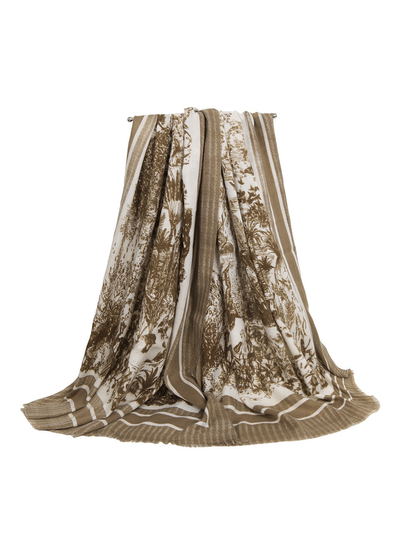 Camel brown pastoral toile scarf with striped borders and short fringe