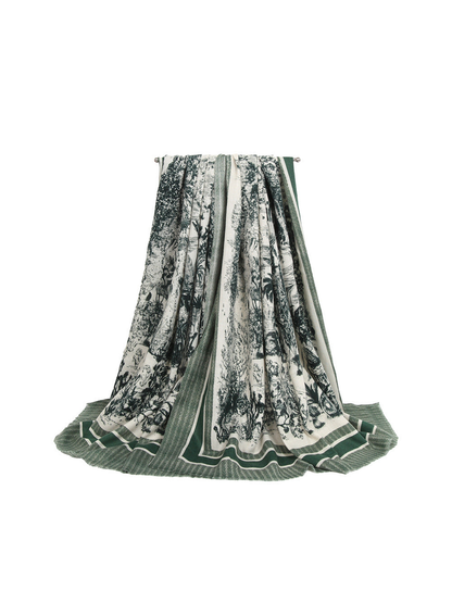 Dark green pastoral toile scarf with striped borders and short fringe