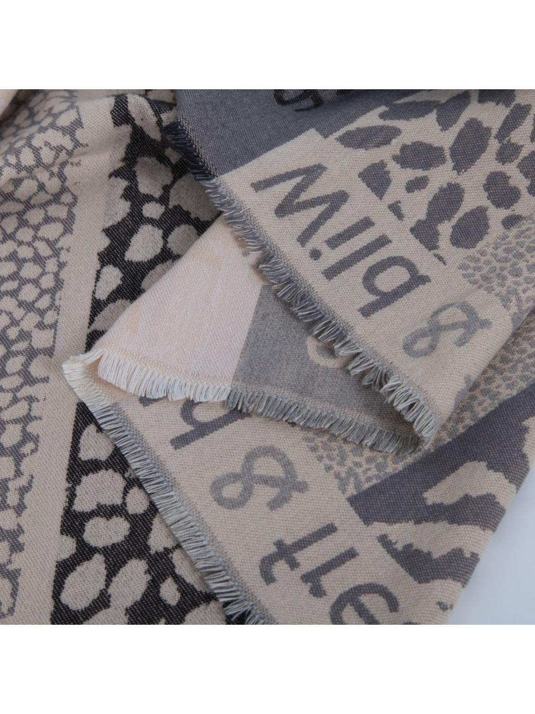 Close-up of the patterned scarf edges and short fringe trim