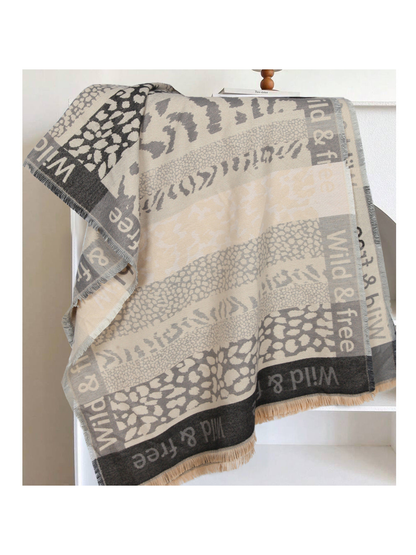 Black, gray and cream patchwork animal-print scarf with fringe