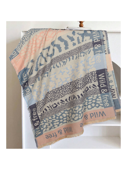 Blue, gray and blush patchwork animal-print scarf with fringe