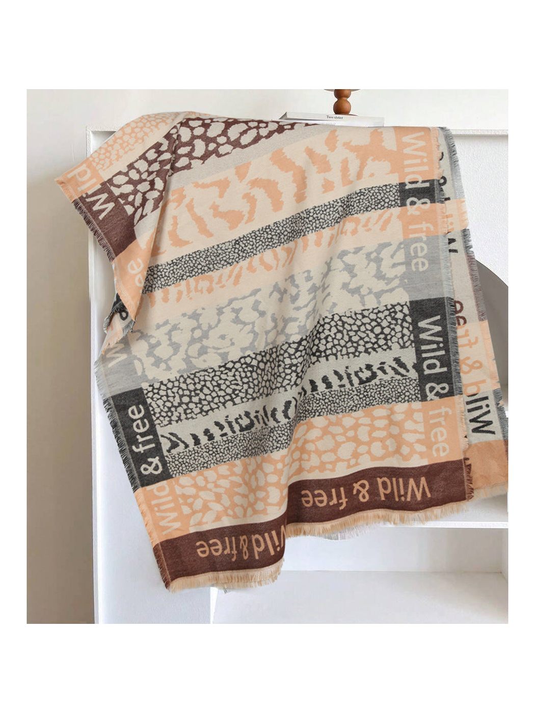 Camel, brown and gray patchwork animal-print scarf with fringe