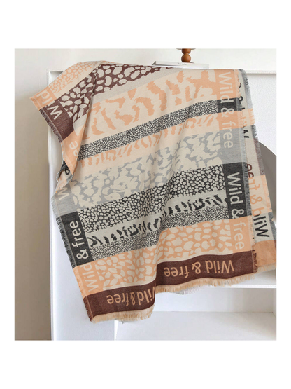 Camel, brown and gray patchwork animal-print scarf with fringe