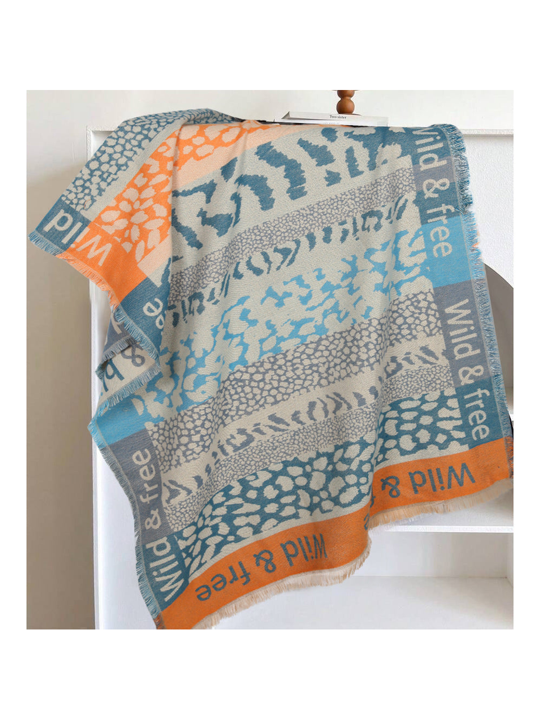 Teal blue, orange and cream patchwork animal-print scarf with fringe