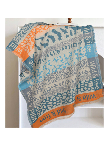 Teal blue, orange and cream patchwork animal-print scarf with fringe
