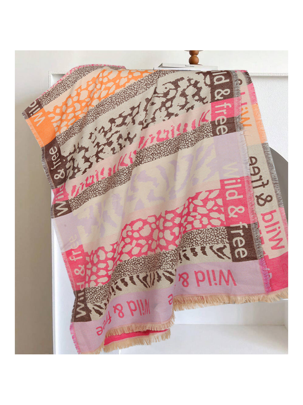 Fuchsia, orange and brown patchwork animal-print scarf with fringe
