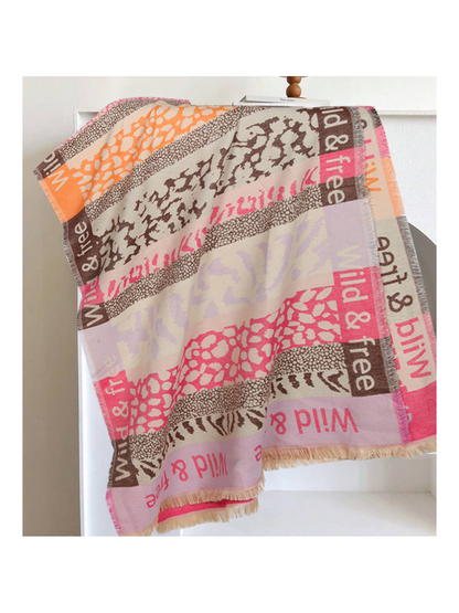 Fuchsia, orange and brown patchwork animal-print scarf with fringe