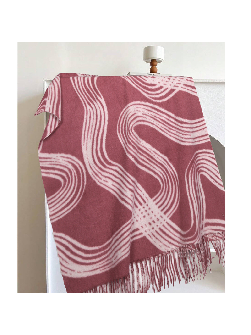 Dusty pink rectangular scarf with abstract light lines and fringe