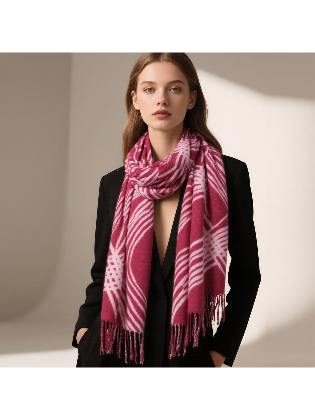 Dusty pink abstract-line scarf styled over a black blazer