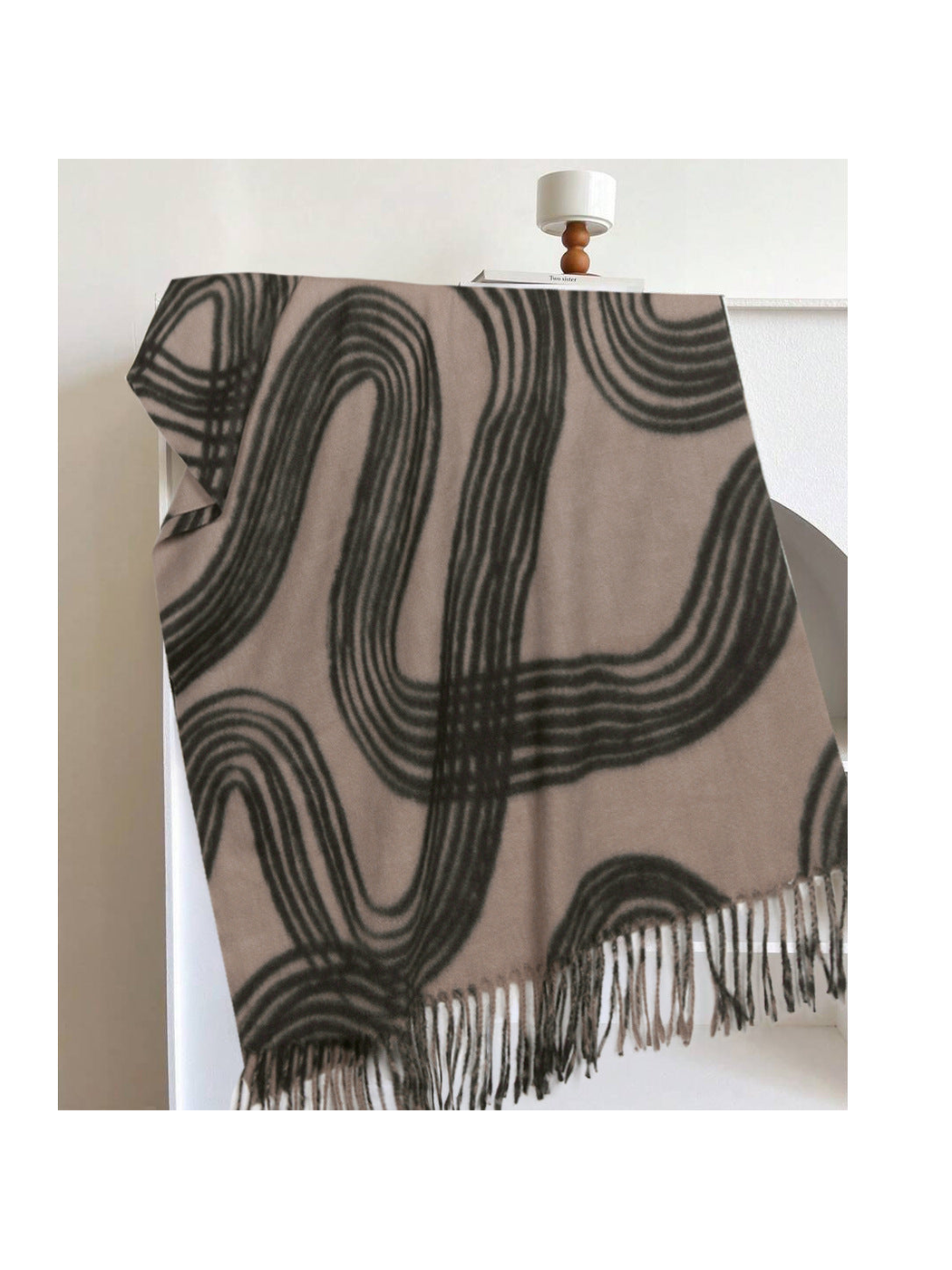 Greige rectangular scarf with dark abstract lines and fringe