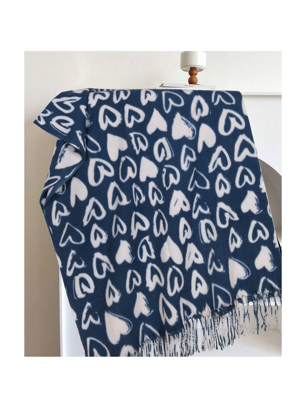 Navy scarf with ivory heart pattern and fringed edge