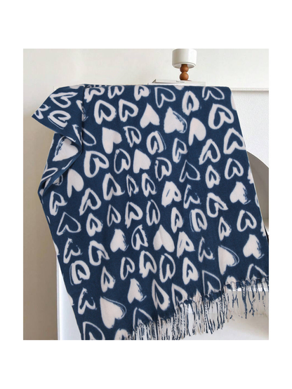 Navy scarf with ivory heart pattern and fringed edge