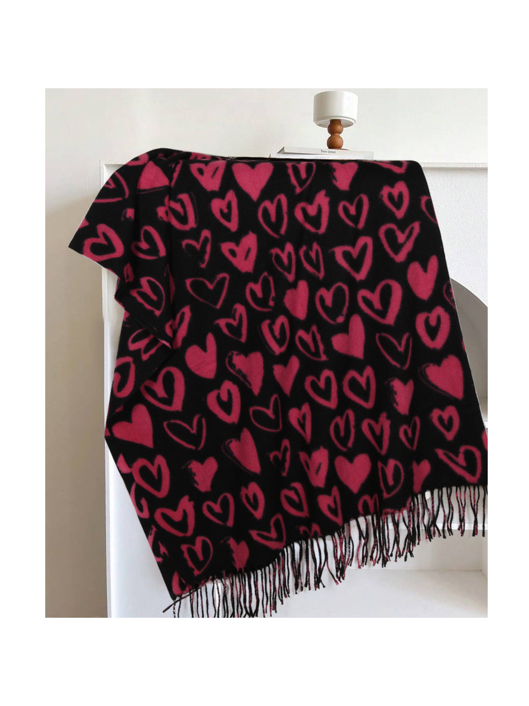Black scarf with rose-red heart pattern and fringed edge