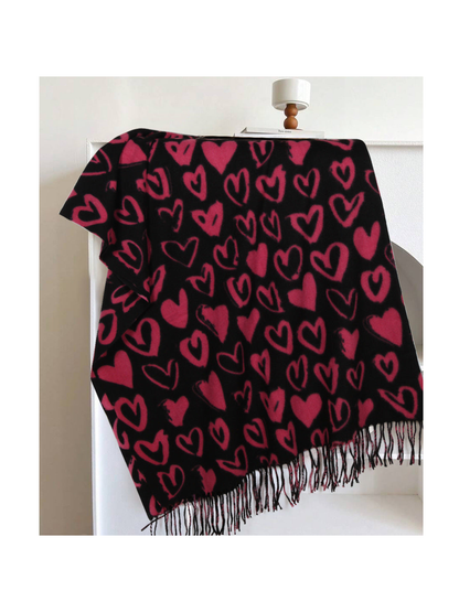 Black scarf with rose-red heart pattern and fringed edge