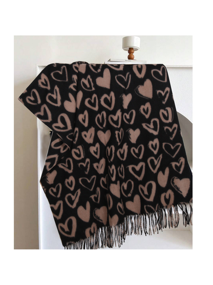 Black scarf with taupe heart pattern and fringed edge
