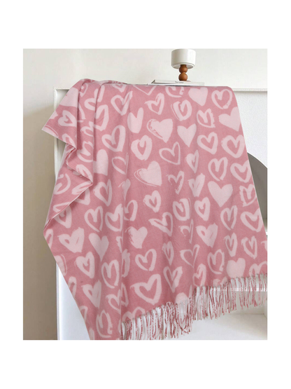 Pink scarf with pale heart pattern and fringed edge