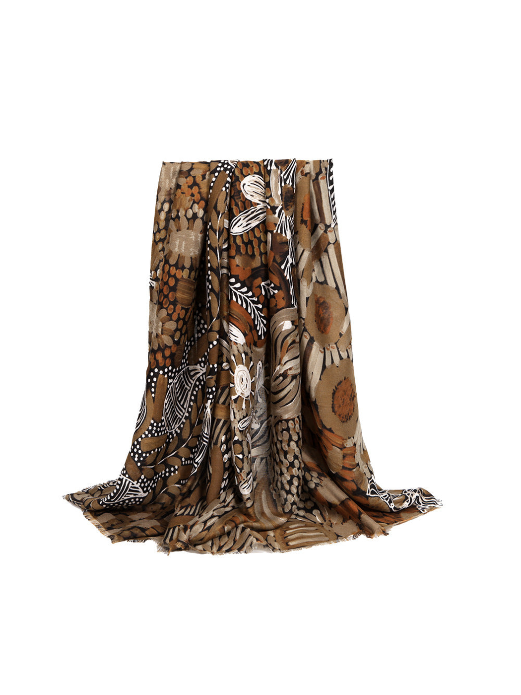 Khaki abstract botanical rectangular scarf with short fringe, draped view