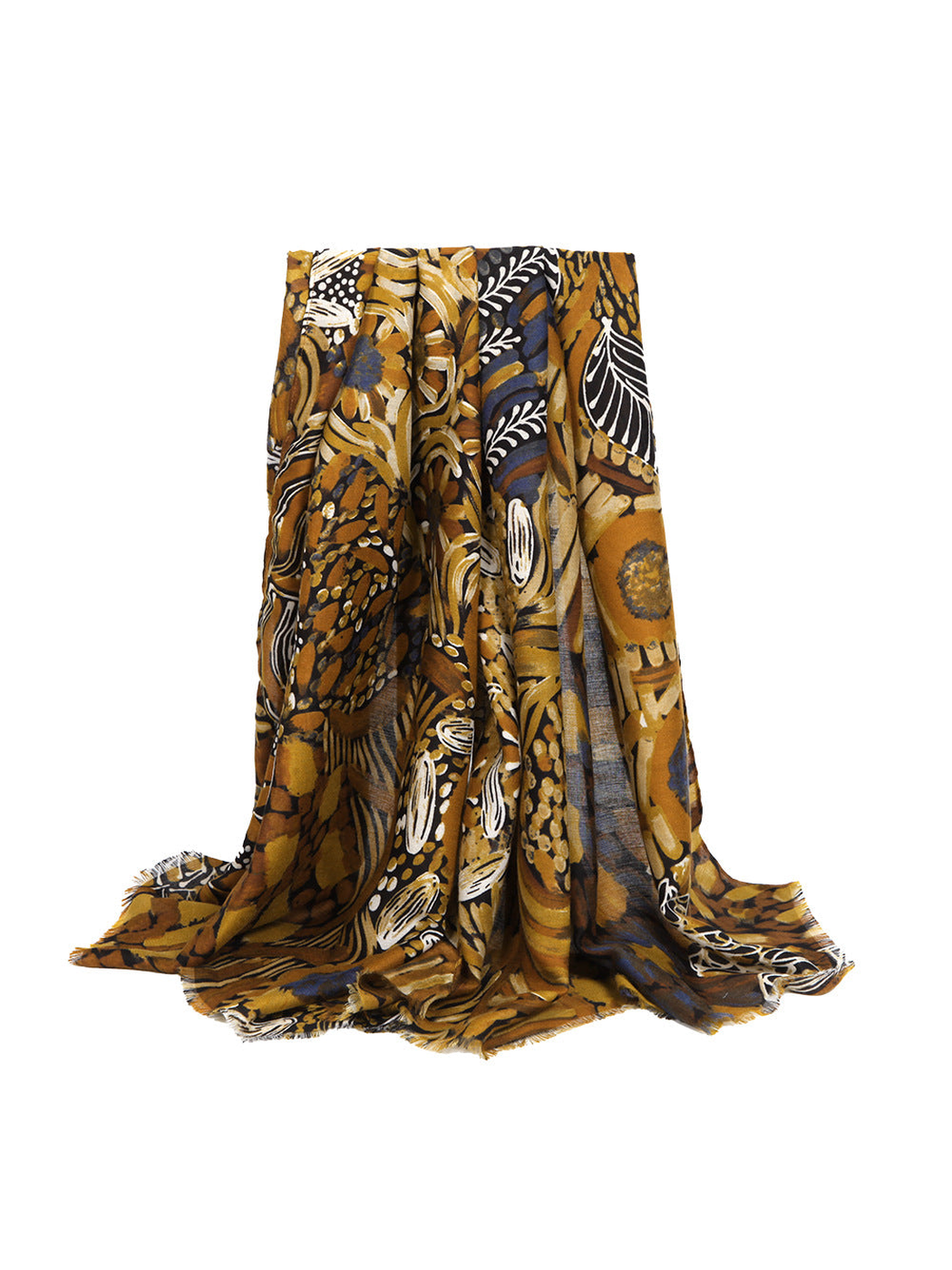 Mustard abstract botanical rectangular scarf with short fringe, draped view