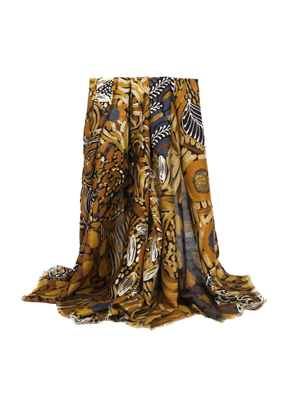 Mustard abstract botanical rectangular scarf with short fringe, draped view