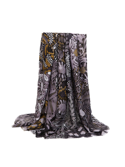 Purple abstract botanical rectangular scarf with short fringe, draped view