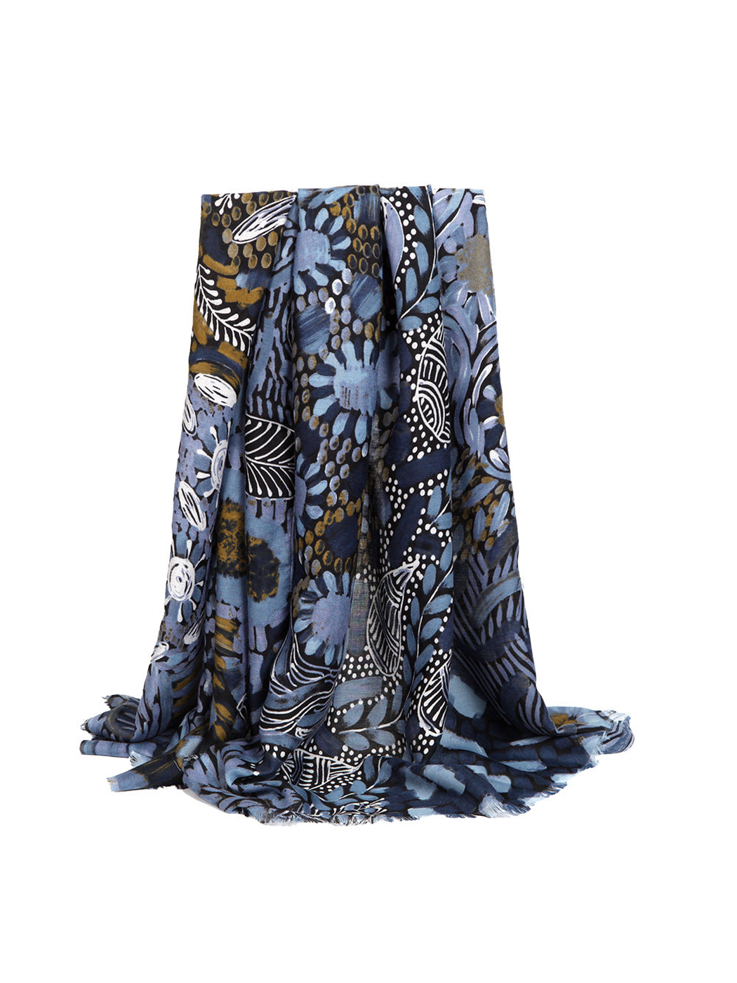 Blue abstract botanical rectangular scarf with short fringe, draped view