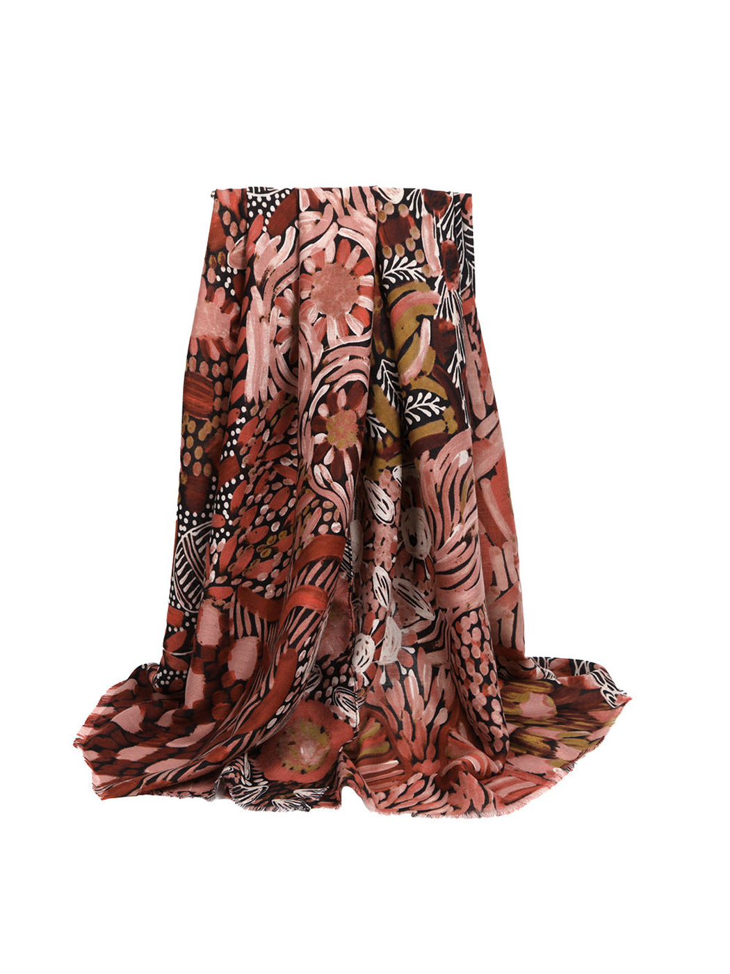 Red abstract botanical rectangular scarf with short fringe, draped view