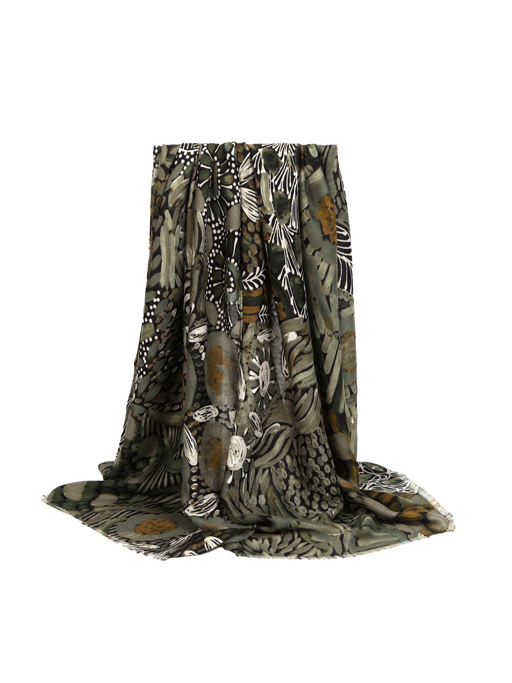 Green abstract botanical rectangular scarf with short fringe, draped view