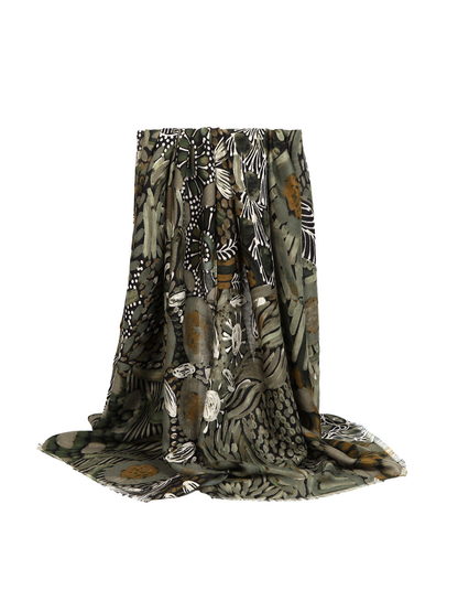Green abstract botanical rectangular scarf with short fringe, draped view