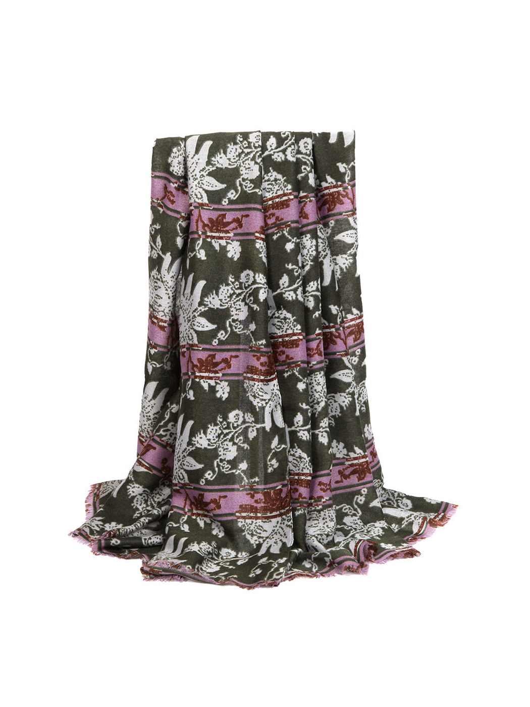 Army green floral and animal motif scarf with purple border bands