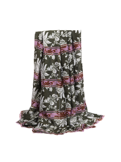 Army green floral and animal motif scarf with purple border bands